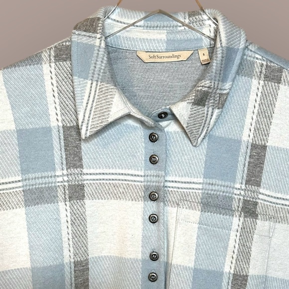 Soft Surroundings Mad About Plaid Cozy Soft Top Roll Up Sleeves Blue Small Tunic - Picture 4 of 13